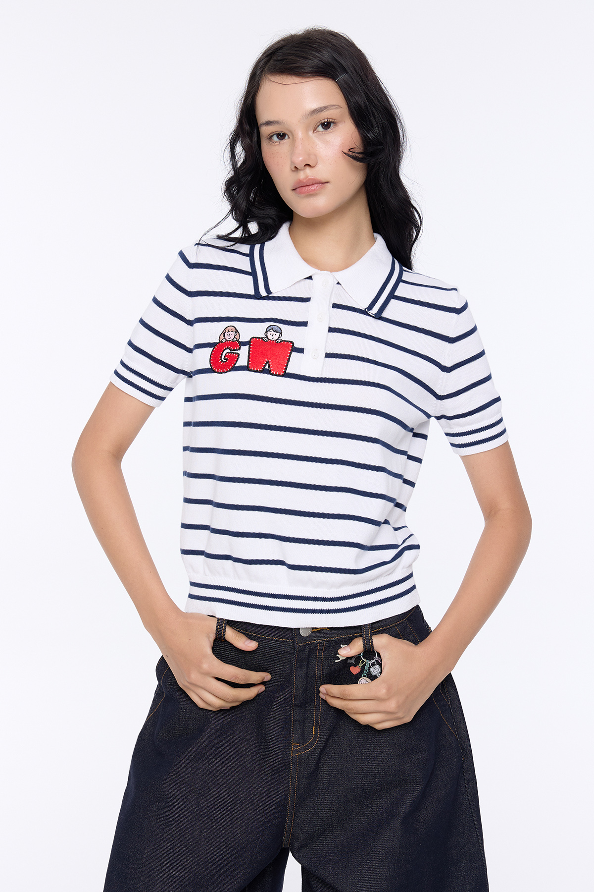 GW Red Emblem Stripe Knit Polo Top - GW25862