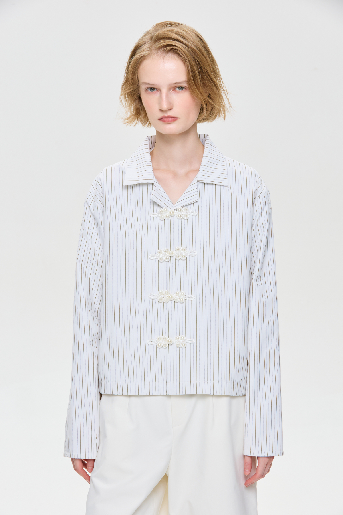 Flower Knot Buttons Striped Shirt - GW27294