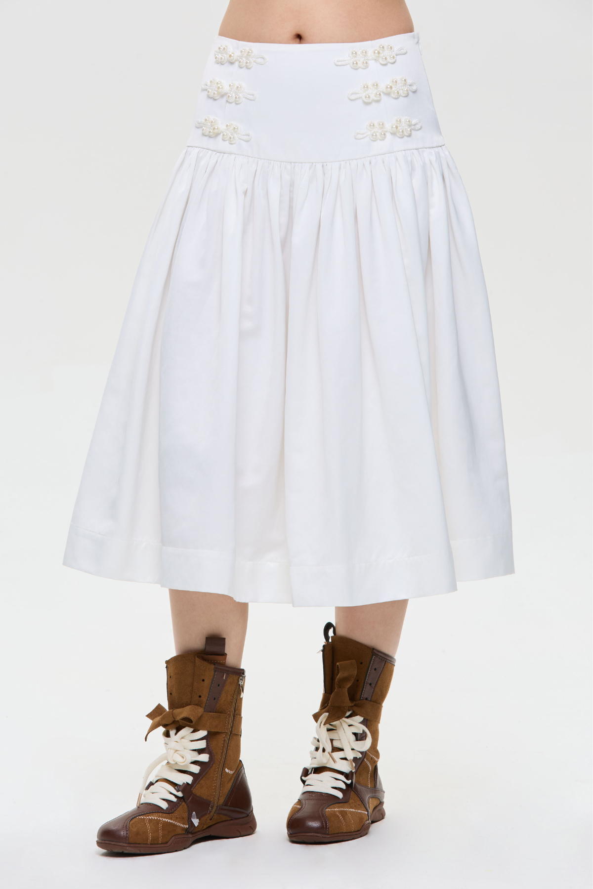 Flower Knot Buttons Midi Skirt - GW27290