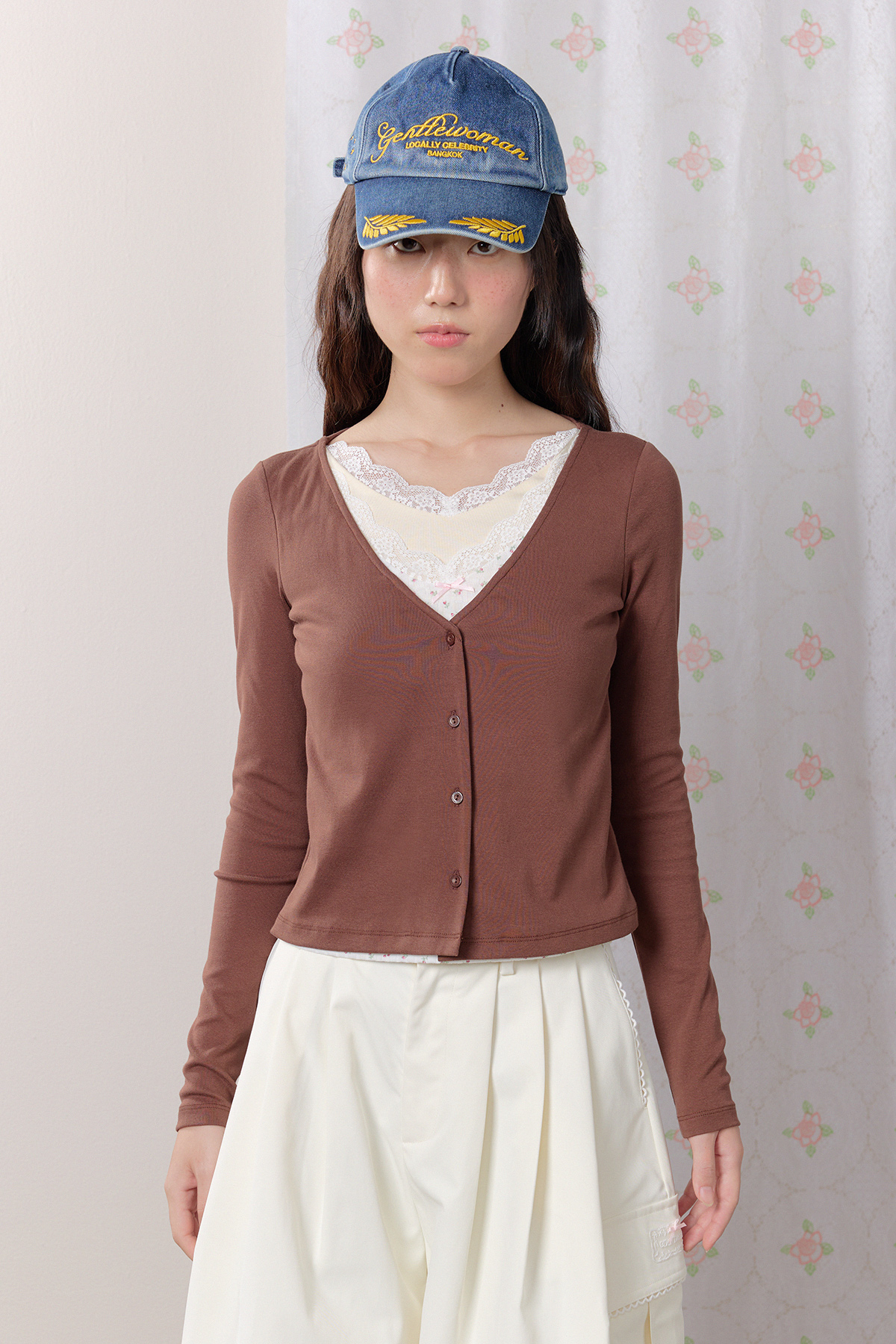 Petal Lace Layered Long Sleeve Top : Brown - GW27443