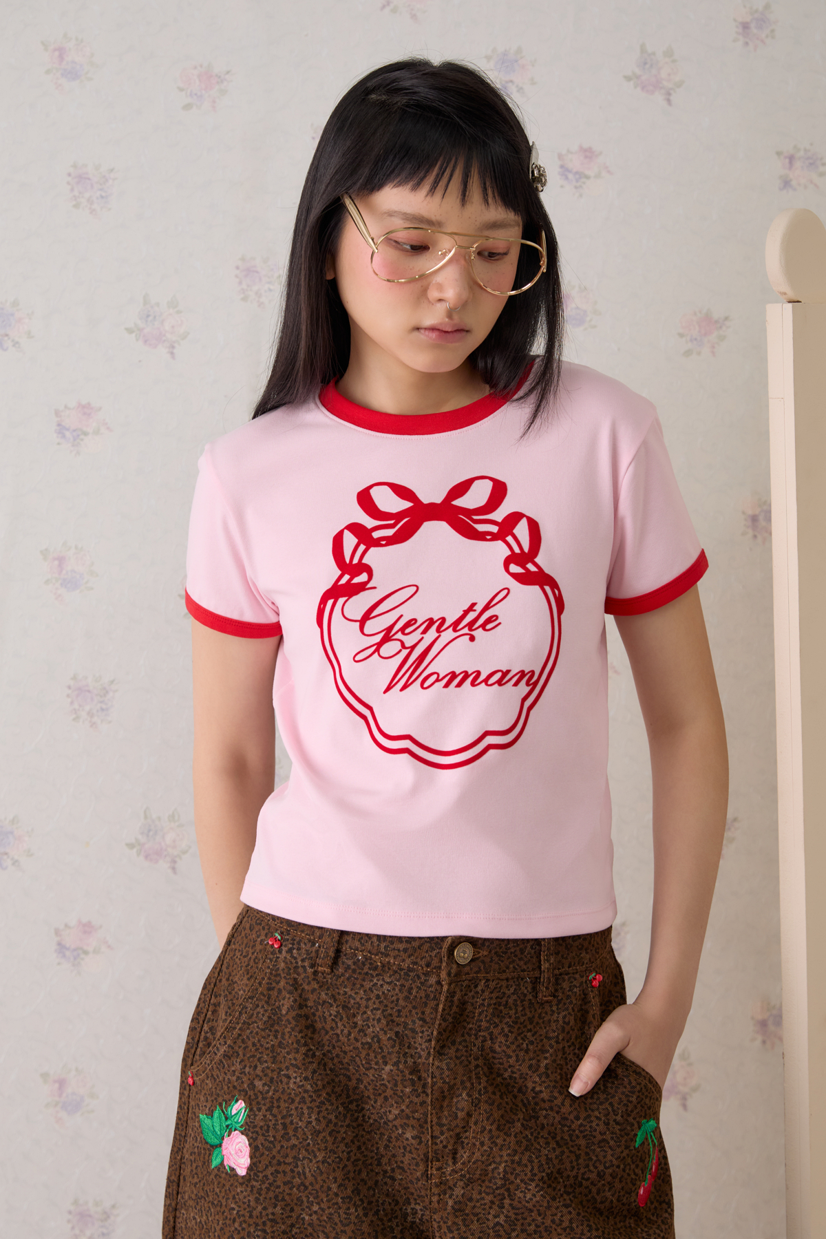 Ribbon Crest Ringer Tee : Pink - GW27795