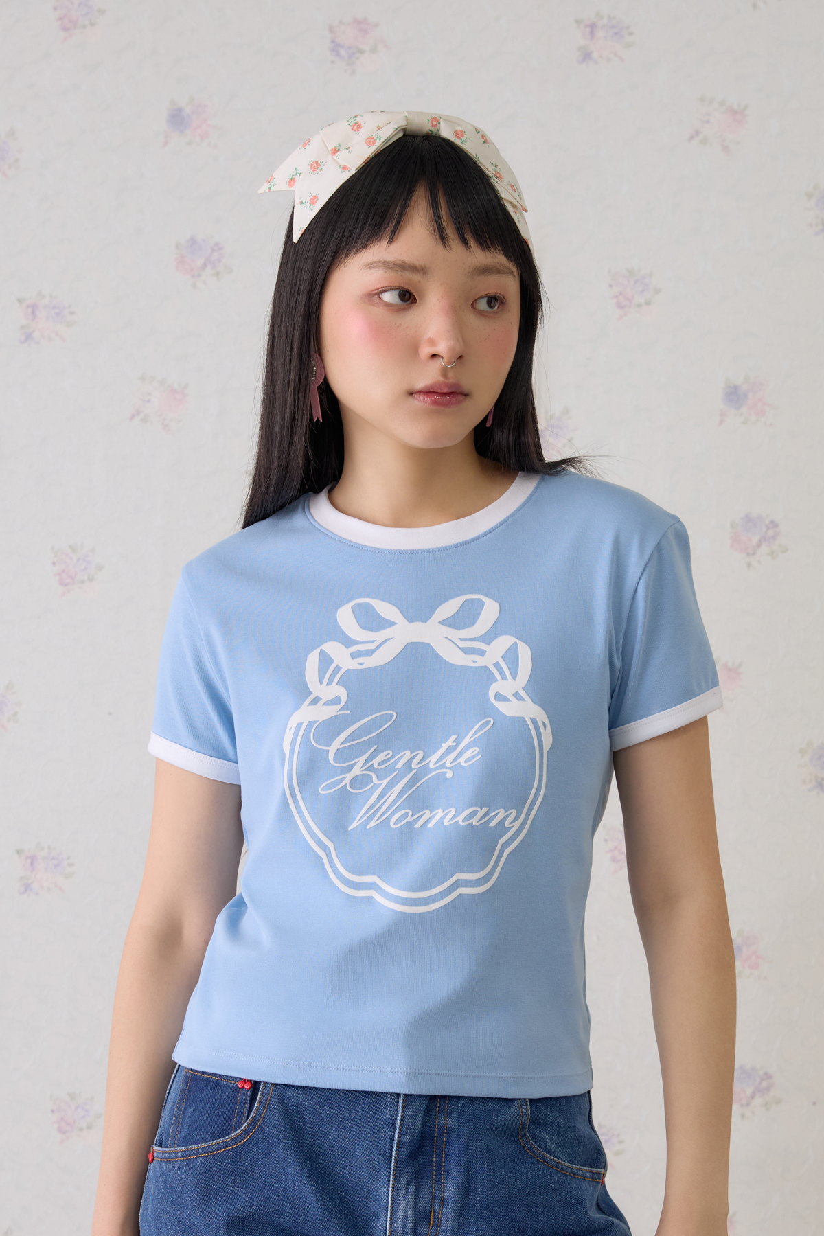 Ribbon Crest Ringer Tee : Blue - GW27796